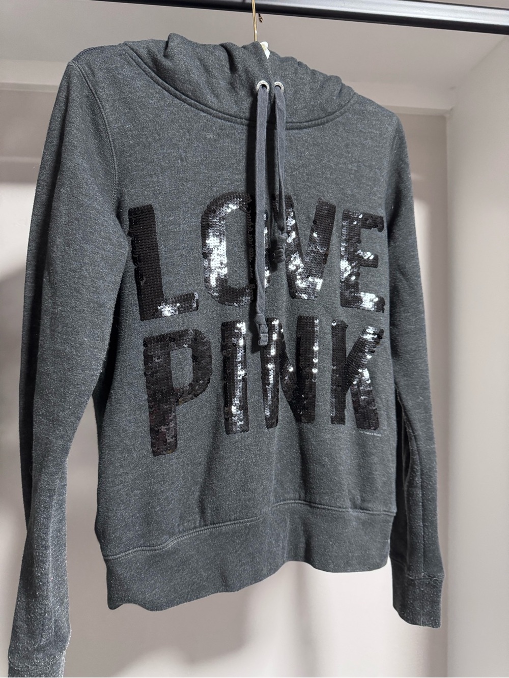PINK Victoria's Secret Dark Gray Sequin Logo Hoodie
